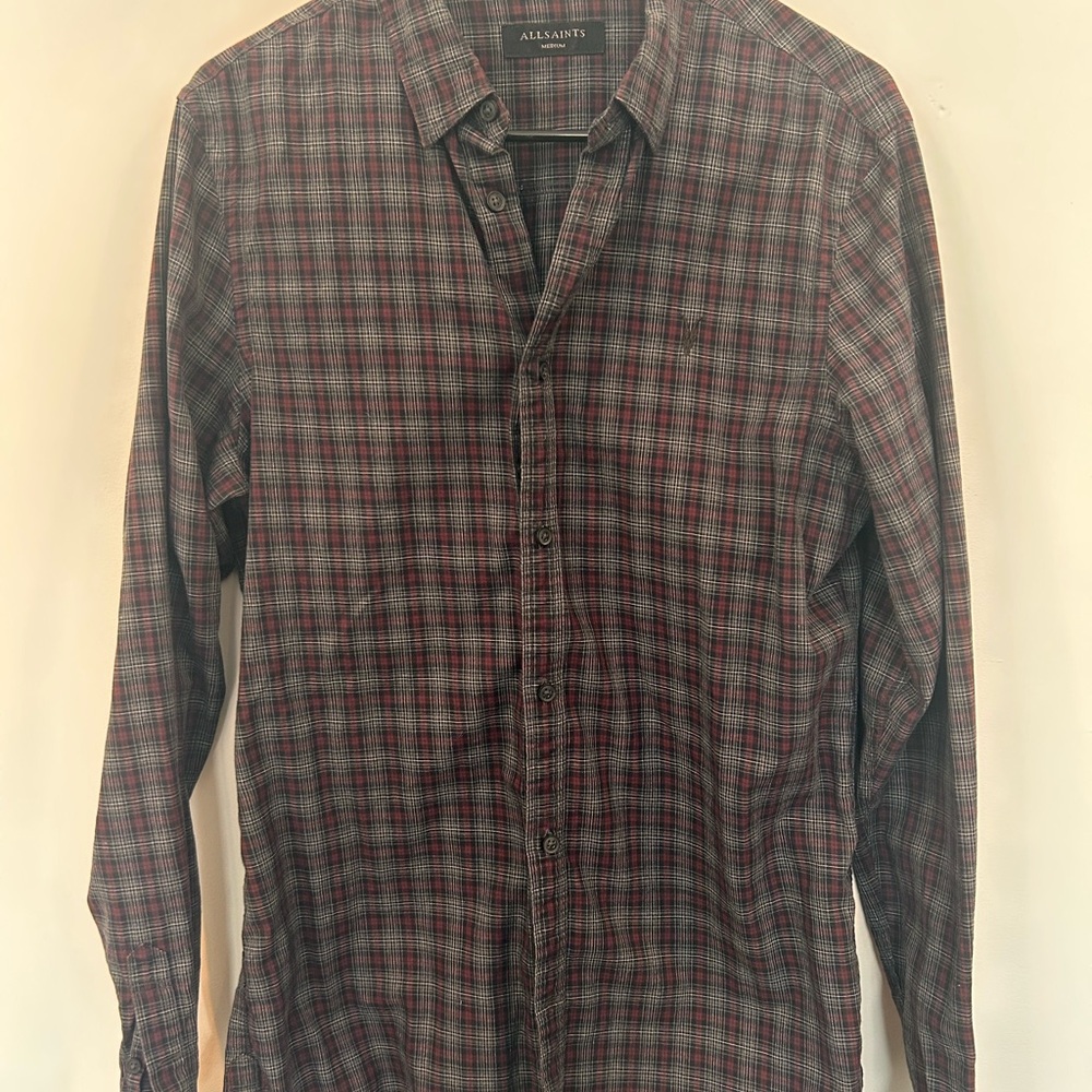 All Saints Men's Plaid Button-Down Shirt in Red and Gray